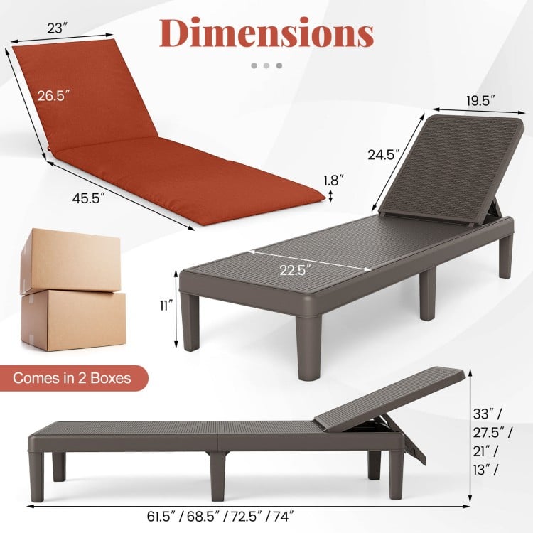 Patio lounge outdoor recliner chair with orange cushion, featuring a 3-position adjustable backrest and rattan texture.