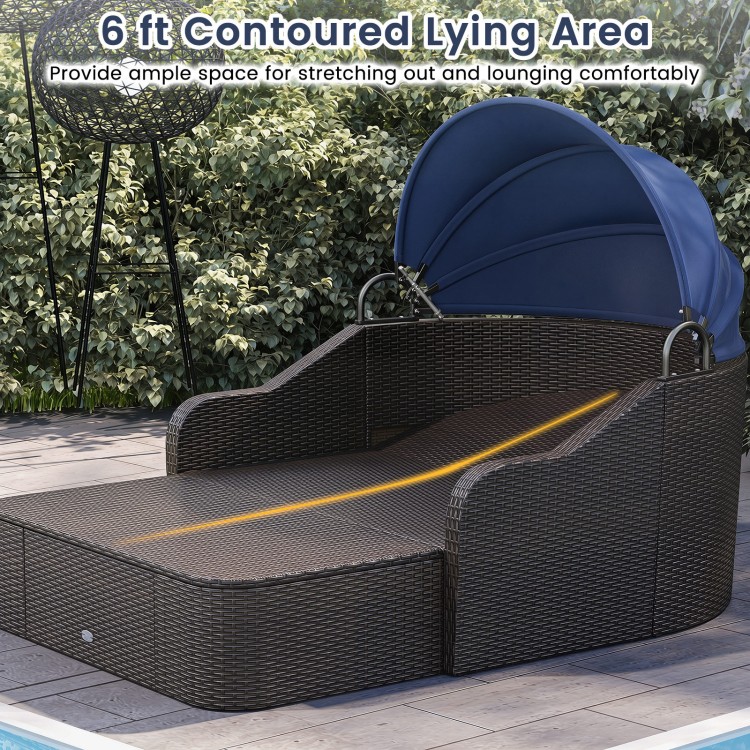 Patio PE rattan daybed with retractable canopy and soft cushions, featuring a 6 ft contoured lying area for lounging.