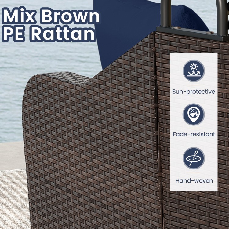 Patio PE rattan daybed features a mix brown hand-woven design, retractable canopy, and soft cushions for outdoor relaxation.