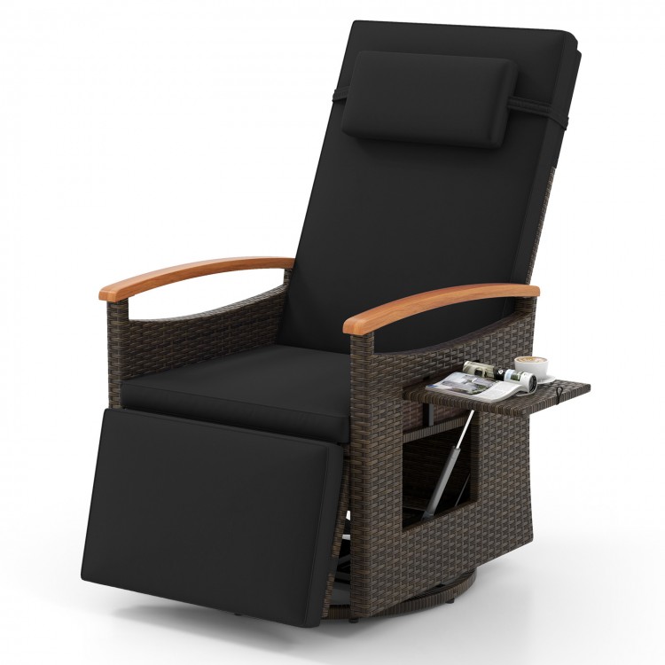 Patio Rattan 360° swivel recliner chair with adjustable backrest and footrest, featuring durable PE wicker for outdoor.