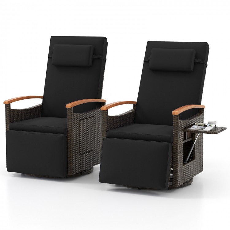 Patio Rattan 360° swivel recliner chairs with durable PE wicker, featuring adjustable backrest and foldable side table.
