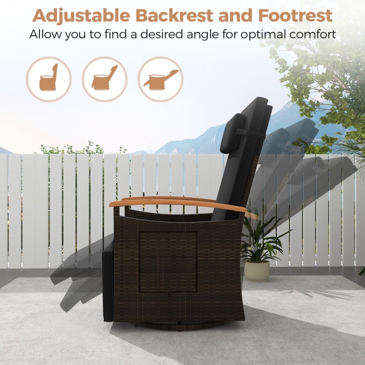 Patio Rattan swivel recliner chair with adjustable backrest and footrest, designed for outdoor comfort and durability.