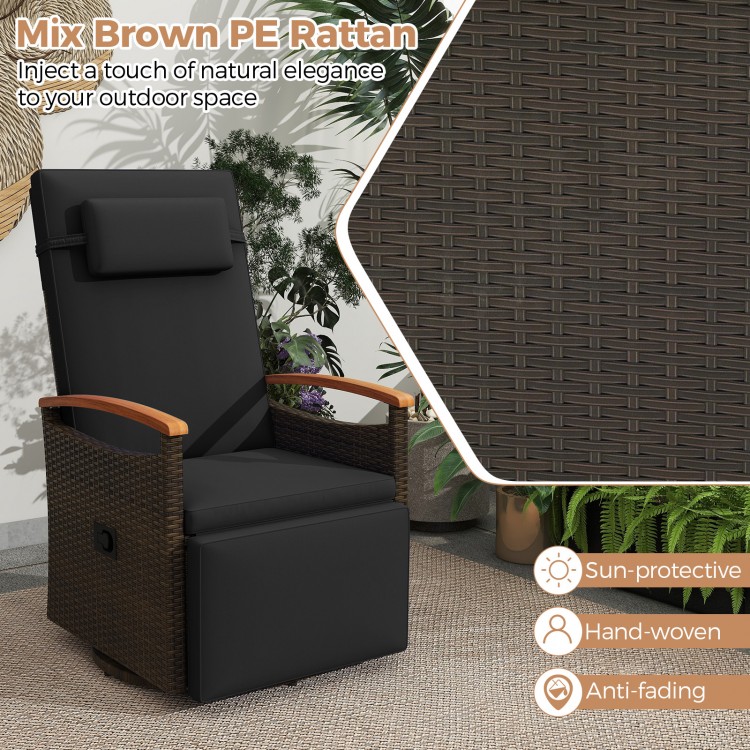 Patio rattan 360° swivel recliner chair with durable PE wicker, featuring a full-length cushion for outdoor comfort.