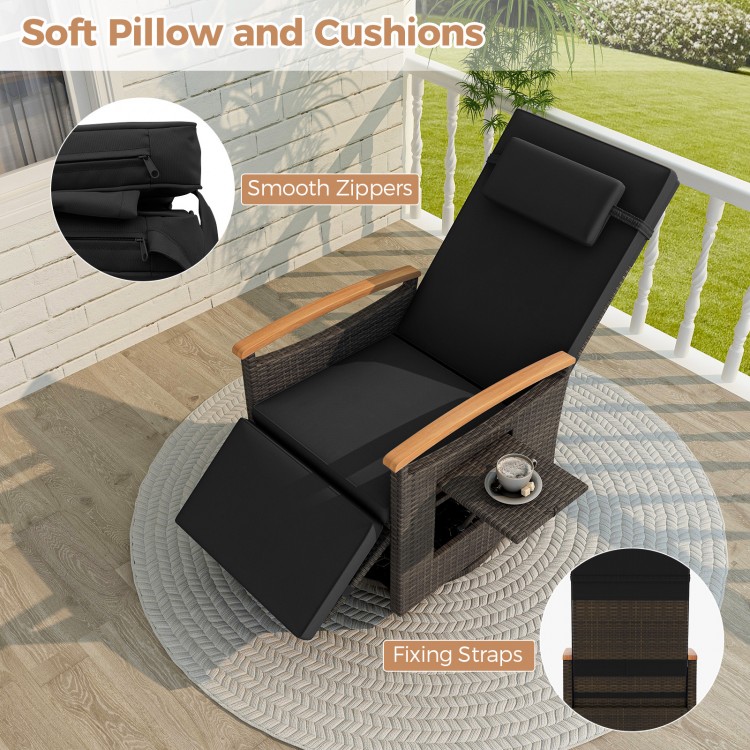 Patio Rattan 360° swivel recliner chair with black cushions, adjustable backrest, and foldable side table for outdoor.