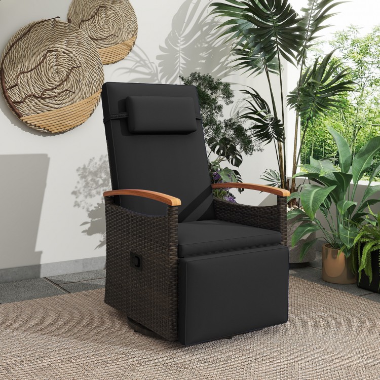 Patio Rattan 360° swivel recliner chair with durable PE wicker, featuring a black cushion and adjustable backrest for.