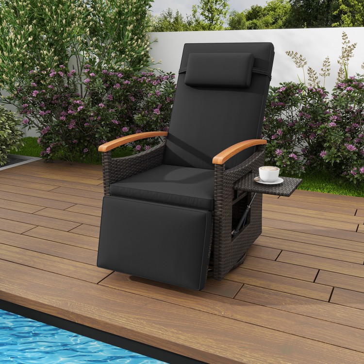 Patio Rattan 360° swivel recliner chair with PE wicker, showcasing a side view and adjustable backrest for outdoor.