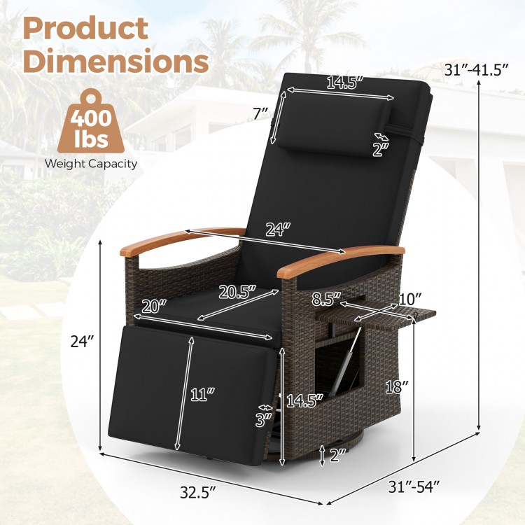 Patio Rattan 360° swivel recliner chair dimensions with durable PE wicker, designed for outdoor comfort and convenience.