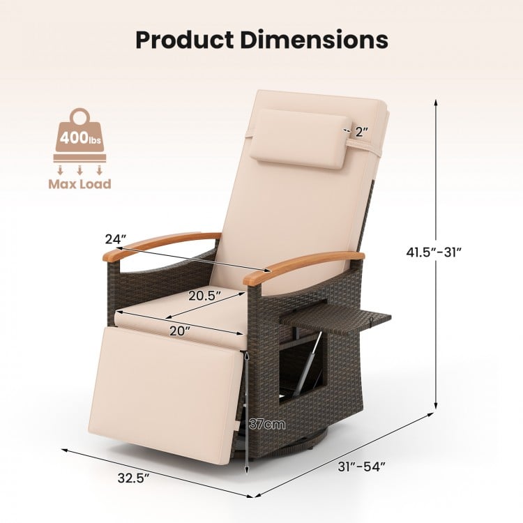 Patio Rattan 360° swivel recliner chair dimensions with adjustable backrest and footrest, suitable for outdoor.