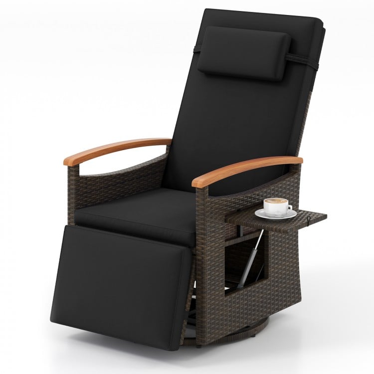 Black patio rattan 360° swivel recliner chair with adjustable backrest, footrest, and foldable side table for outdoor.