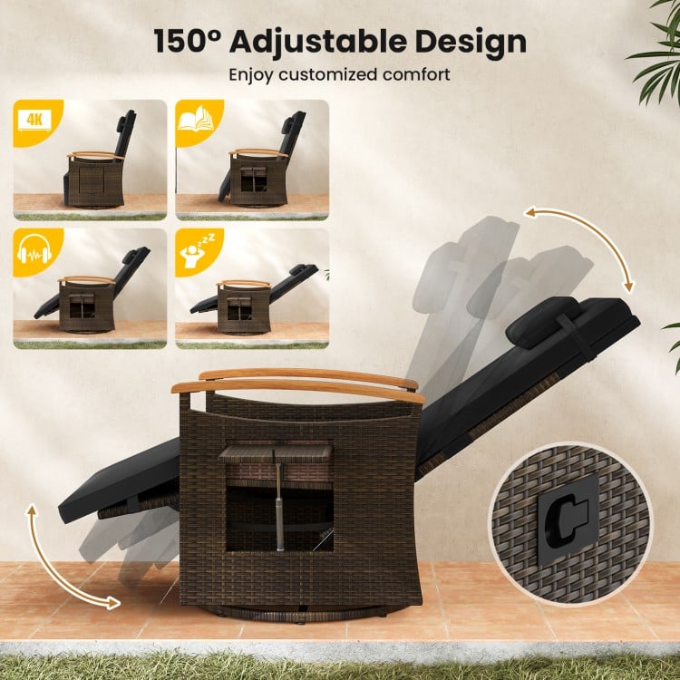 Patio Rattan swivel recliner chair with 150° adjustable backrest and soft cushion, perfect for backyard relaxation.