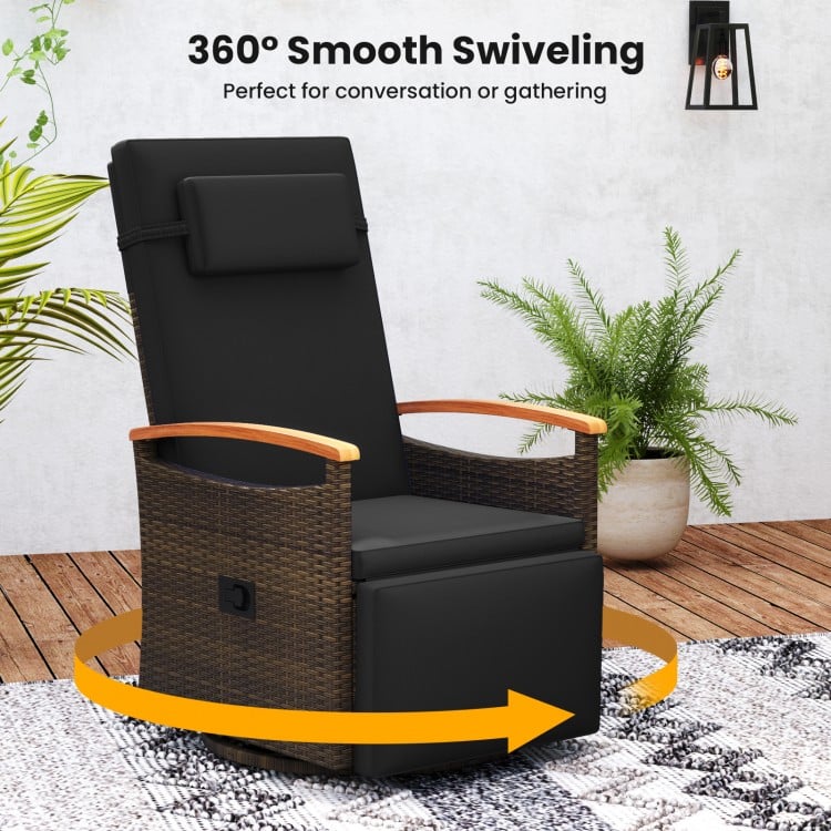 Patio rattan 360° swivel recliner chair with adjustable backrest and footrest, perfect for backyard relaxation.