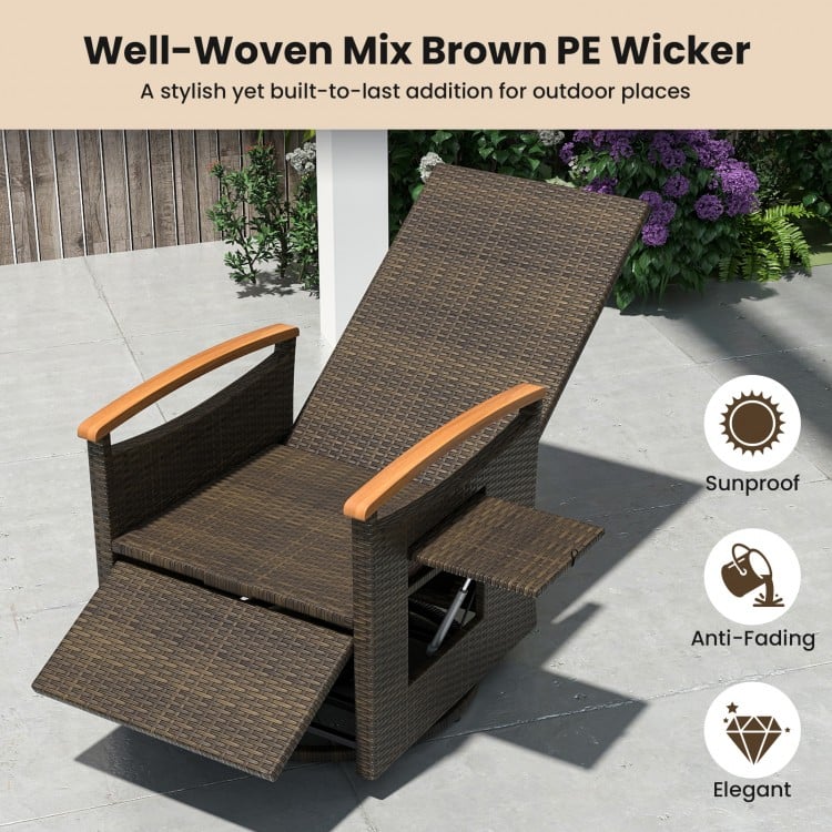 Patio Rattan 360° swivel recliner chair in mix brown PE wicker with adjustable backrest and foldable side table for.