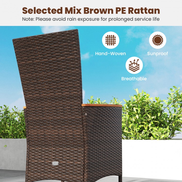 High backrest outdoor wicker dining chair in mix brown PE rattan, featuring acacia wood armrests for ergonomic support.