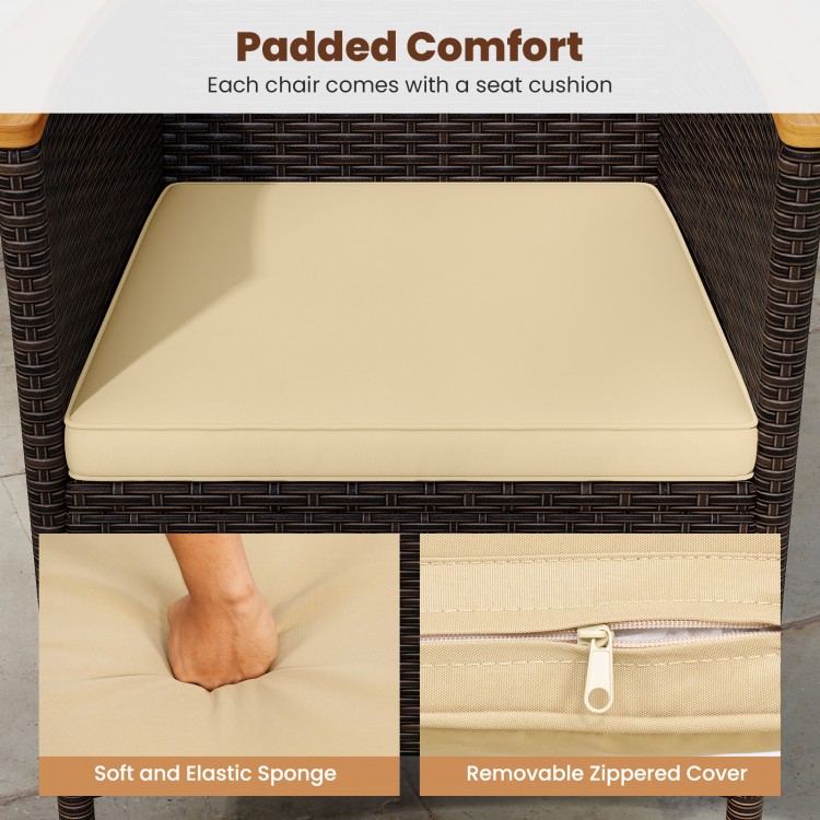 Close-up of beige seat cushion for patio rattan chairs, featuring soft sponge and removable zippered cover for easy.