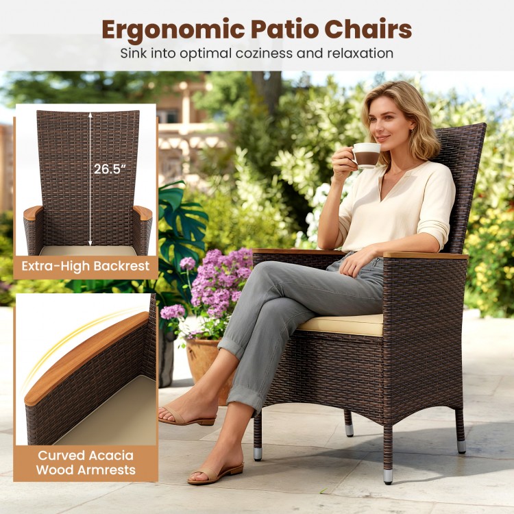 Ergonomic patio chair with extra-high backrest and curved acacia wood armrests, perfect for outdoor relaxation.