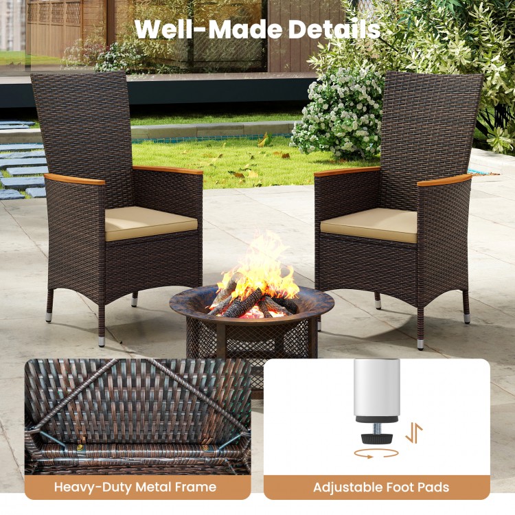 High backrest outdoor wicker dining chairs set of 2 with beige cushions and heavy-duty metal frame for patio comfort.