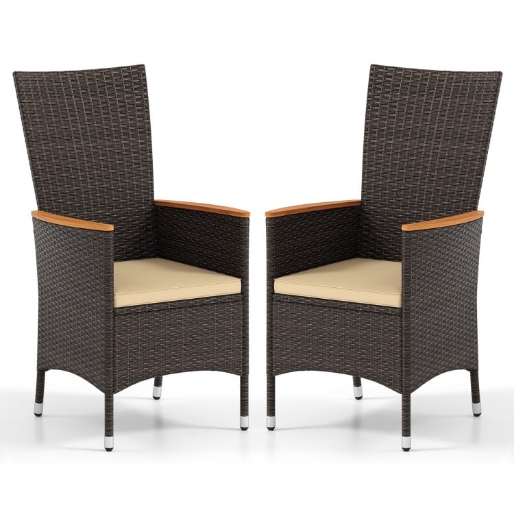 Set of 2 high backrest outdoor wicker dining chairs in dark rattan with beige cushions, perfect for patio relaxation.