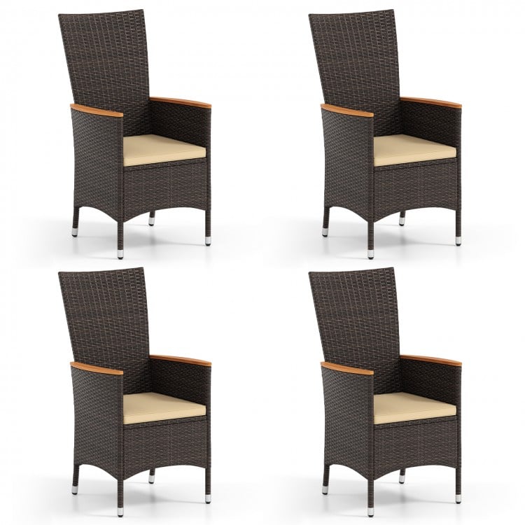 Set of 4 high backrest patio rattan chairs with beige cushions and acacia wood armrests for outdoor dining comfort.