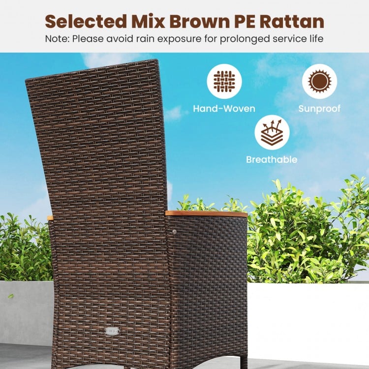 High backrest patio rattan chair in mix brown PE rattan, featuring curved acacia wood armrests for outdoor dining.
