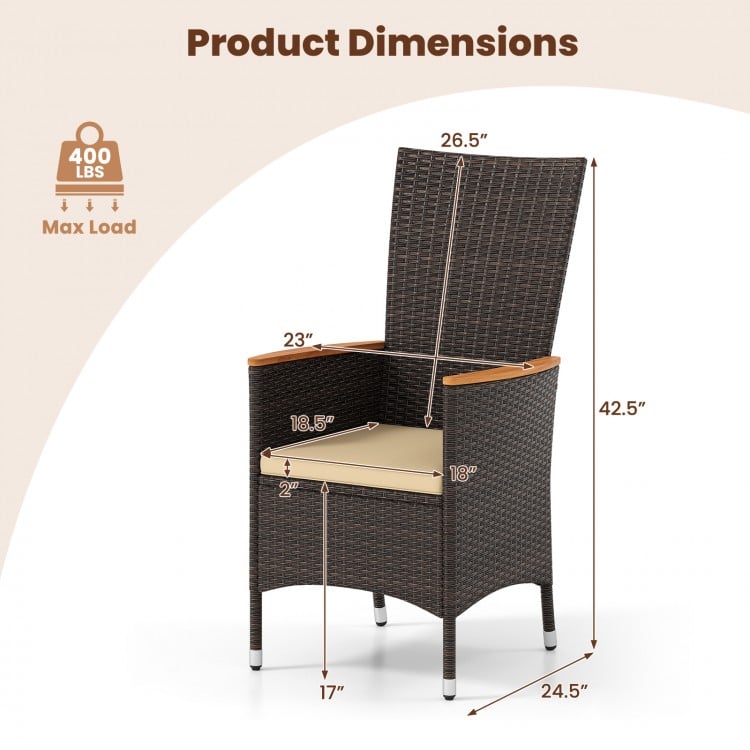 Patio rattan chair dimensions with high backrest, featuring PE rattan, acacia wood armrests, and 400 lbs max load.