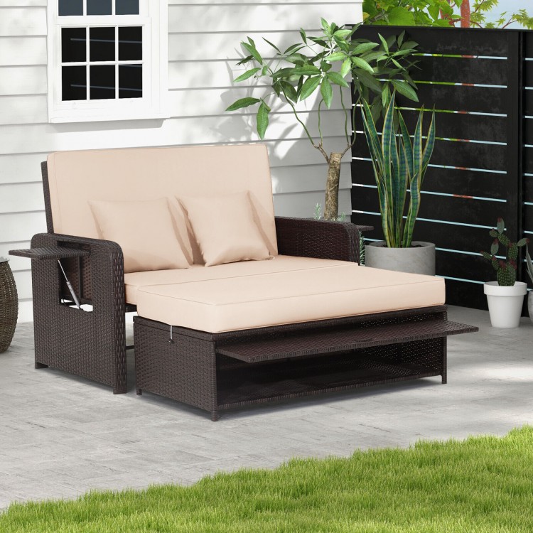 Patio Rattan Daybed with 4-Level Adjustable Backrest and Retractable Side Tray - Gallery View 2 of 11