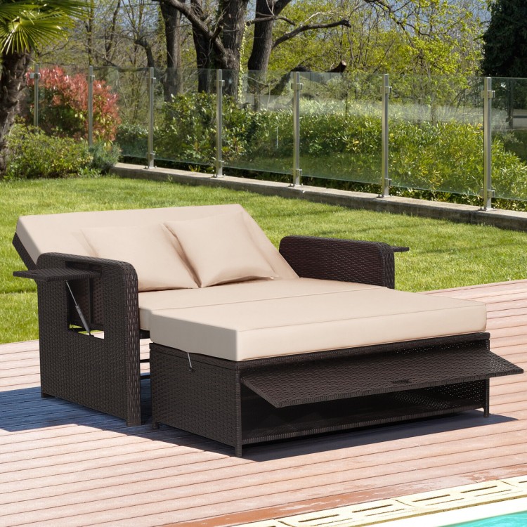 Patio Rattan Daybed with 4-Level Adjustable Backrest and Retractable Side Tray - Gallery View 3 of 11