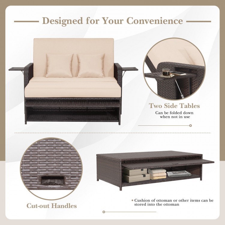 Patio Rattan Daybed with 4-Level Adjustable Backrest and Retractable Side Tray - Gallery View 6 of 11