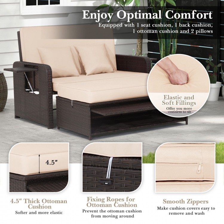 Patio Rattan Daybed with 4-Level Adjustable Backrest and Retractable Side Tray - Gallery View 7 of 11