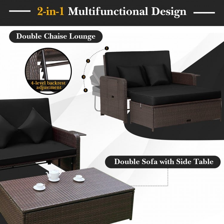 Patio rattan daybed in black with adjustable backrest, soft cushions, and retractable side trays for versatile outdoor.