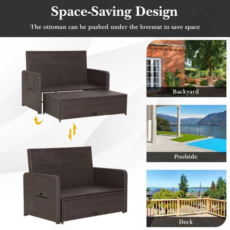 Patio rattan daybed with adjustable backrest and retractable side trays, perfect for backyard or poolside relaxation.
