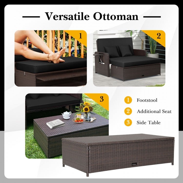 Versatile ottoman in black rattan, serving as a footstool, additional seat, or side table for outdoor relaxation.