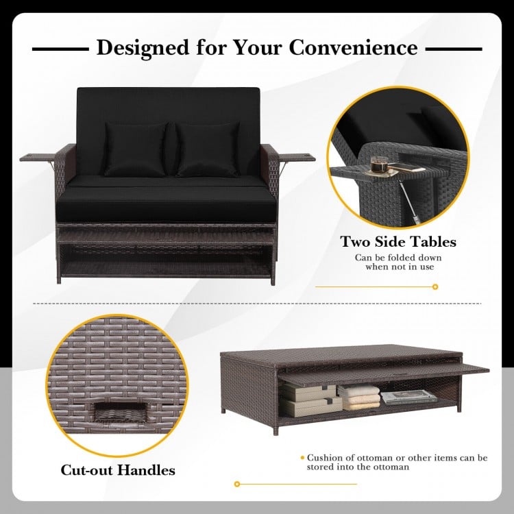Patio rattan daybed with adjustable backrest, soft cushions, and retractable side trays for backyard relaxation.