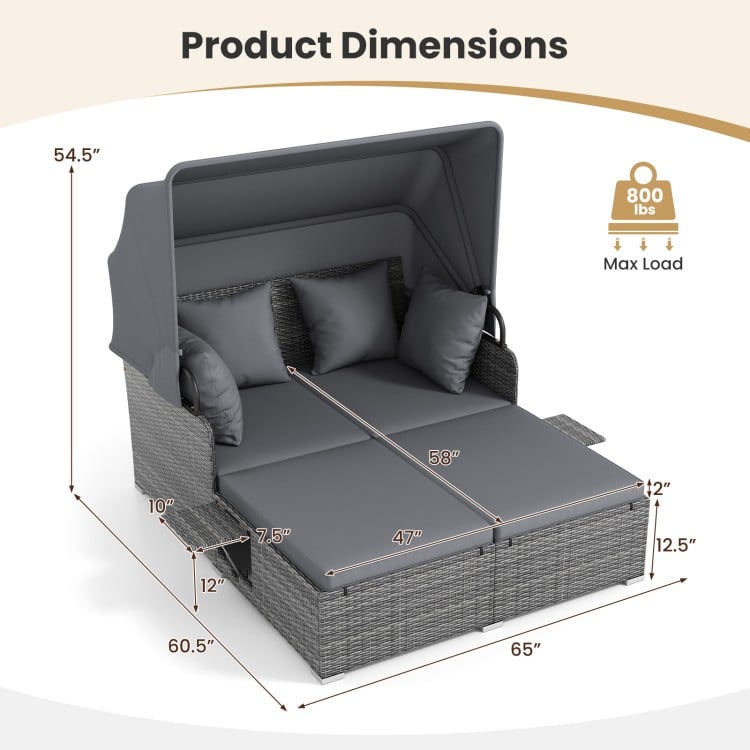 Patio rattan daybed dimensions with retractable canopy, featuring soft cushions and foldable side tables for outdoor.
