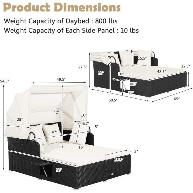 Patio rattan daybed with retractable canopy, off-white cushions, and side tables, perfect for backyard relaxation.