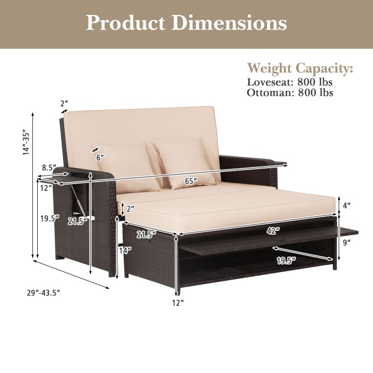 Patio Rattan Daybed with 4-Level Adjustable Backrest and Retractable Side Tray - Gallery View 4 of 11