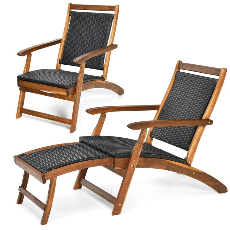 Folding lounge chair with acacia wood frame and PE rattan, featuring a retractable footrest for patio relaxation.