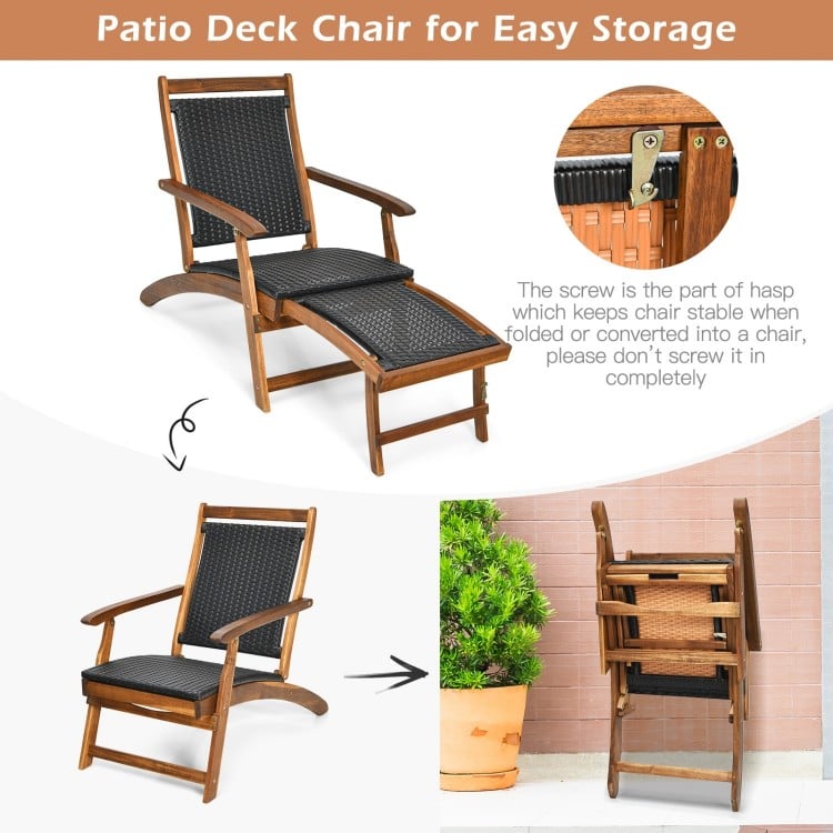 Patio rattan folding lounge chair with acacia wood frame, featuring a retractable footrest for versatile outdoor use.
