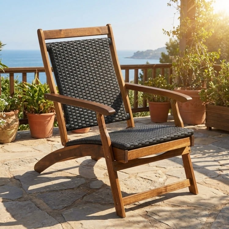 Patio rattan folding lounge chair with acacia wooden frame, featuring a retractable footrest, perfect for outdoor.