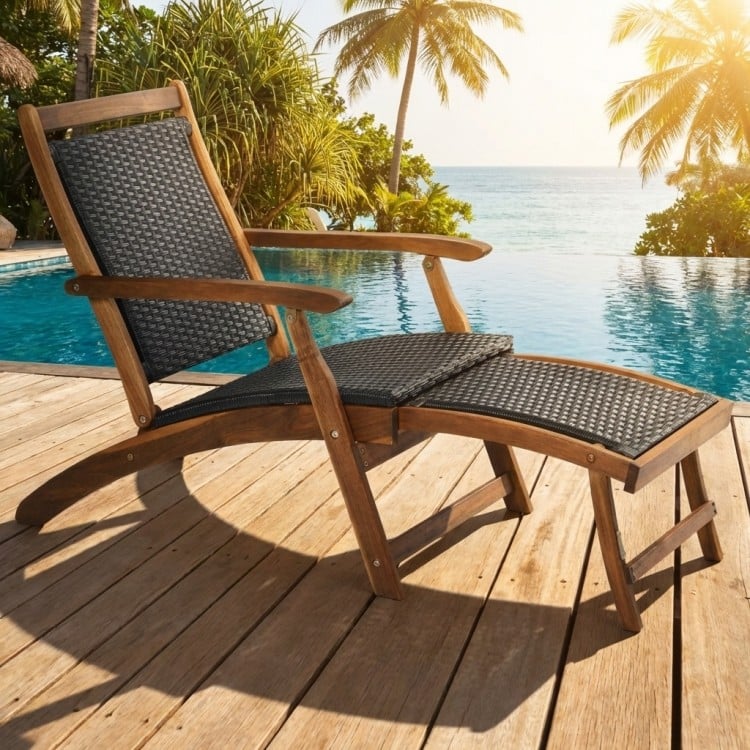 Folding lounge chair with acacia wood frame and PE rattan, perfect for poolside relaxation and outdoor comfort.