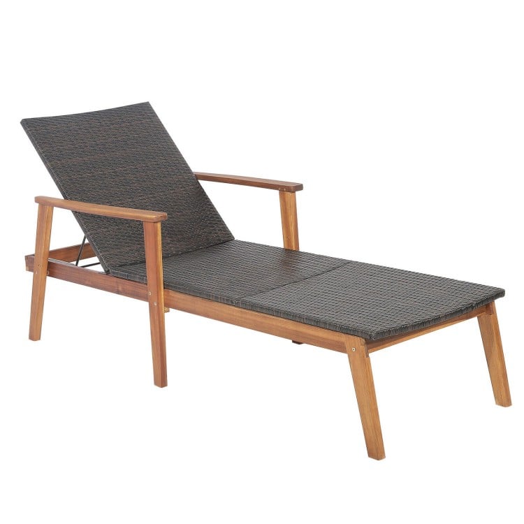 Patio rattan lounge chair with solid acacia wood frame and adjustable backrest, perfect for poolside relaxation.