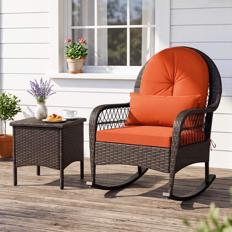 Patio Rattan Rocking Chair with Seat Back Cushions and Waist Pillow - Gallery View 2 of 9