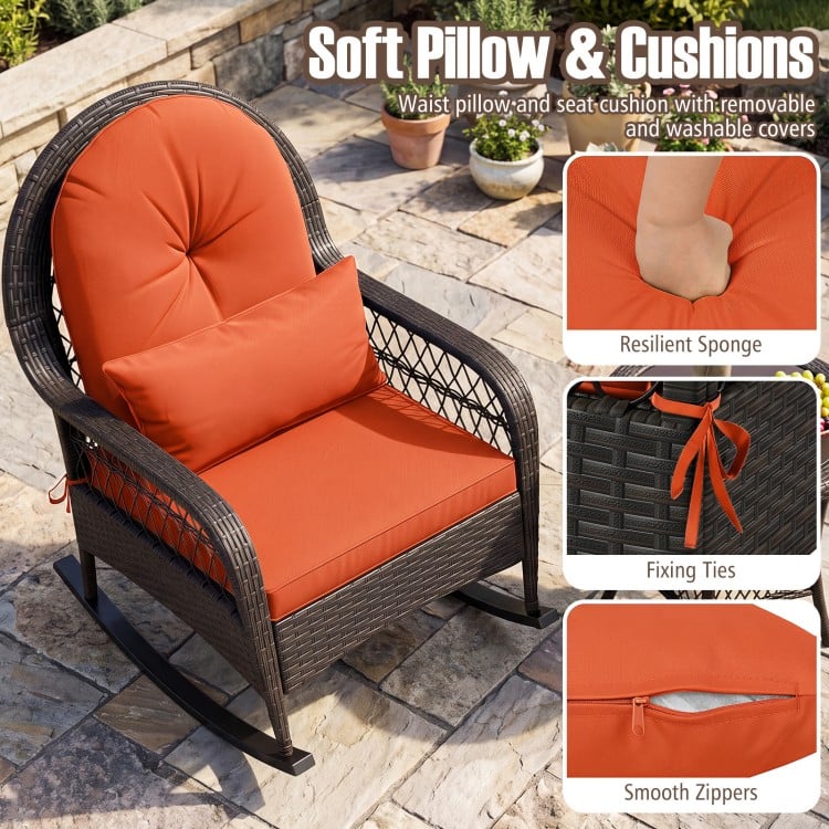 Patio Rattan Rocking Chair with Seat Back Cushions and Waist Pillow - Gallery View 7 of 9