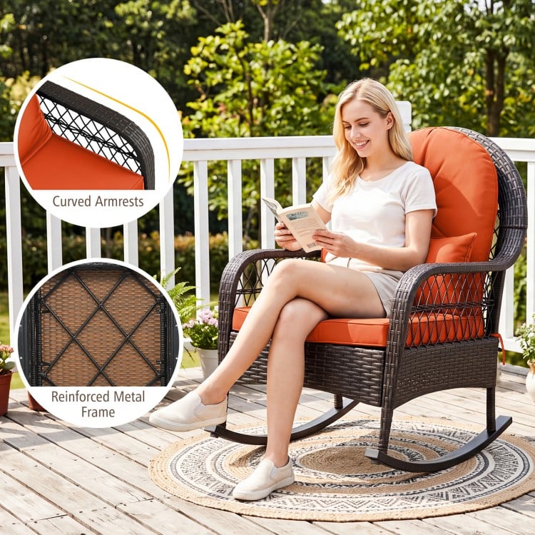 Patio Rattan Rocking Chair with Seat Back Cushions and Waist Pillow - Gallery View 8 of 9