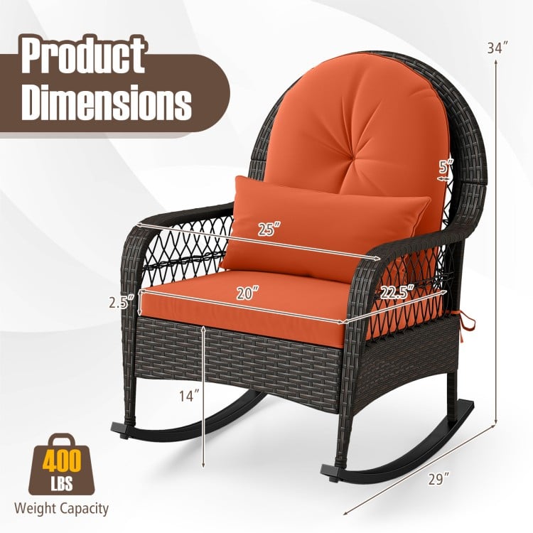 Patio Rattan Rocking Chair with Seat Back Cushions and Waist Pillow - Gallery View 5 of 9