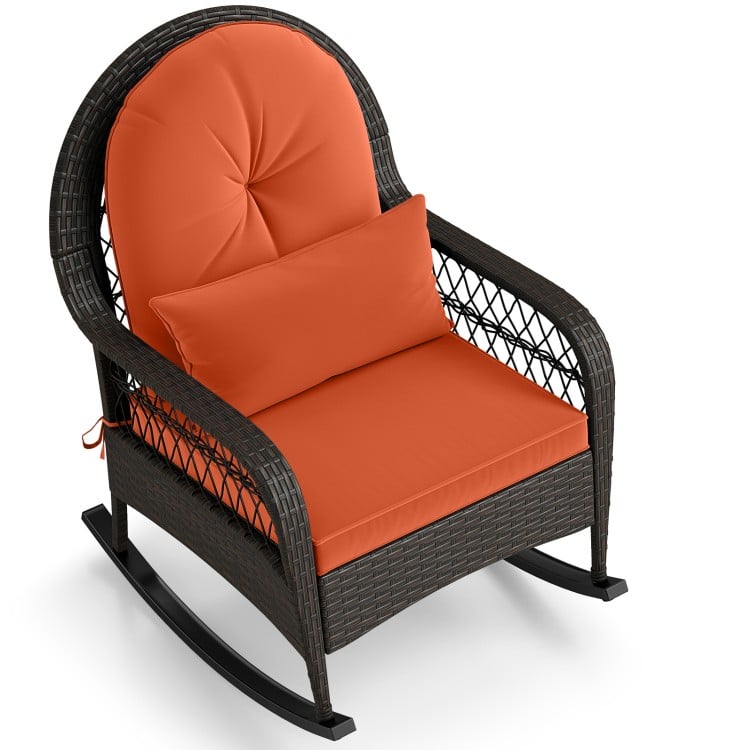Patio Rattan Rocking Chair with Seat Back Cushions and Waist Pillow - Gallery View 4 of 9