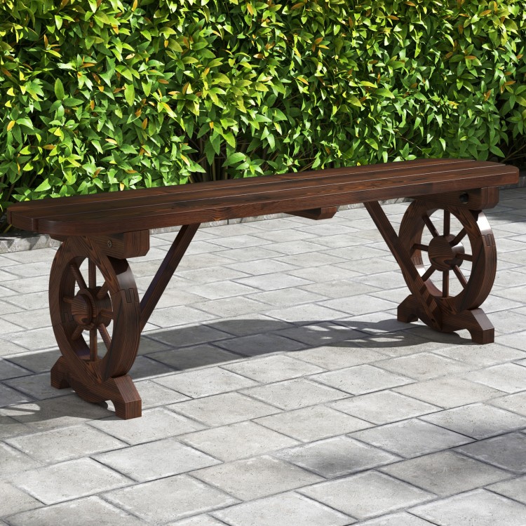 Rustic wood bench with wagon wheel base, made of durable fir wood, perfect for backyard or garden seating.