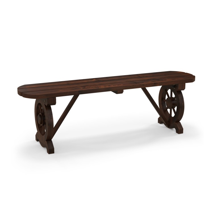 Rustic wood bench with wagon wheel base, made from durable fir wood, perfect for backyard or garden seating.