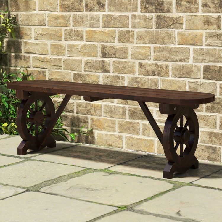 Patio rustic wood bench with wagon wheel base, showcasing slatted seating and sturdy support, ideal for front porch use.