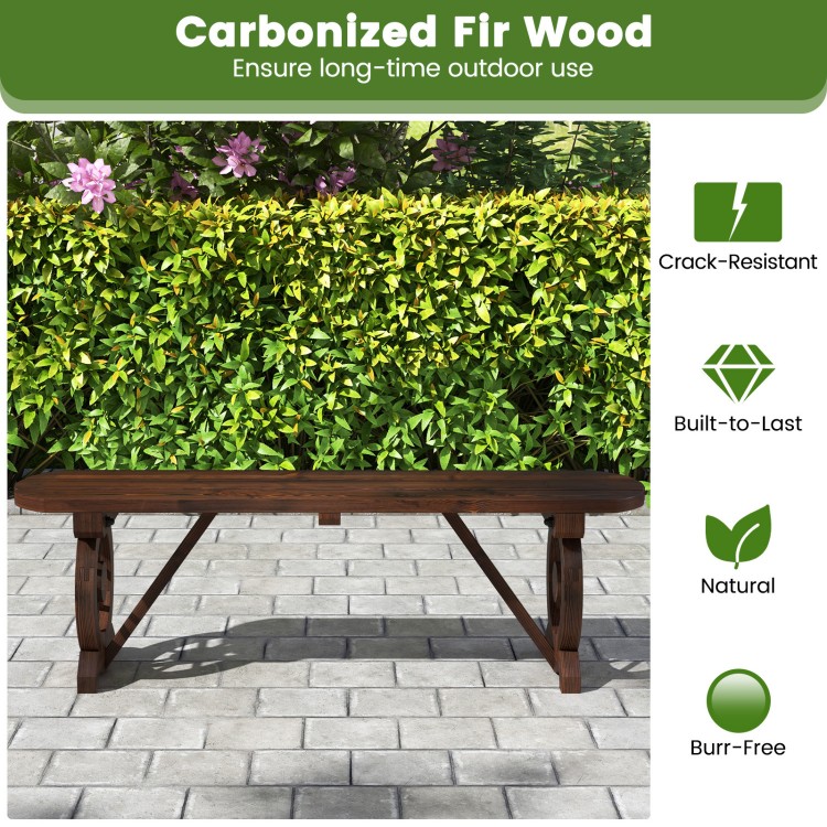 Patio rustic wood bench with wagon wheel base, made of carbonized fir wood, perfect for outdoor use in gardens or.