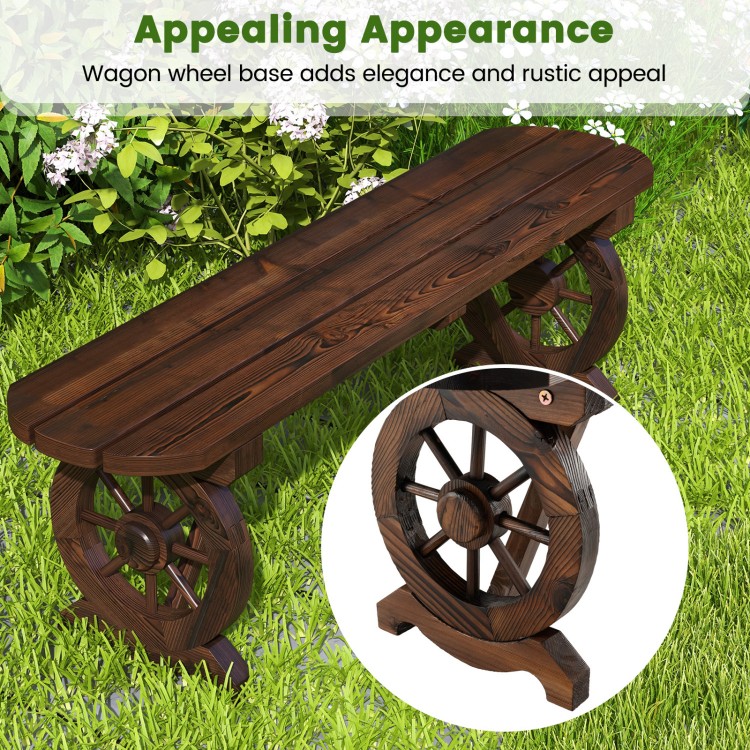 Close-up of the wagon wheel base on the rustic wood bench, crafted from durable fir wood, ideal for outdoor elegance.
